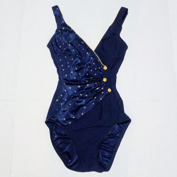 Longitude One Piece Swimsuit-Size 8 Tall-Shelf Bra-Gold Buttons-Stars-Union Made - Picture 1 of 11